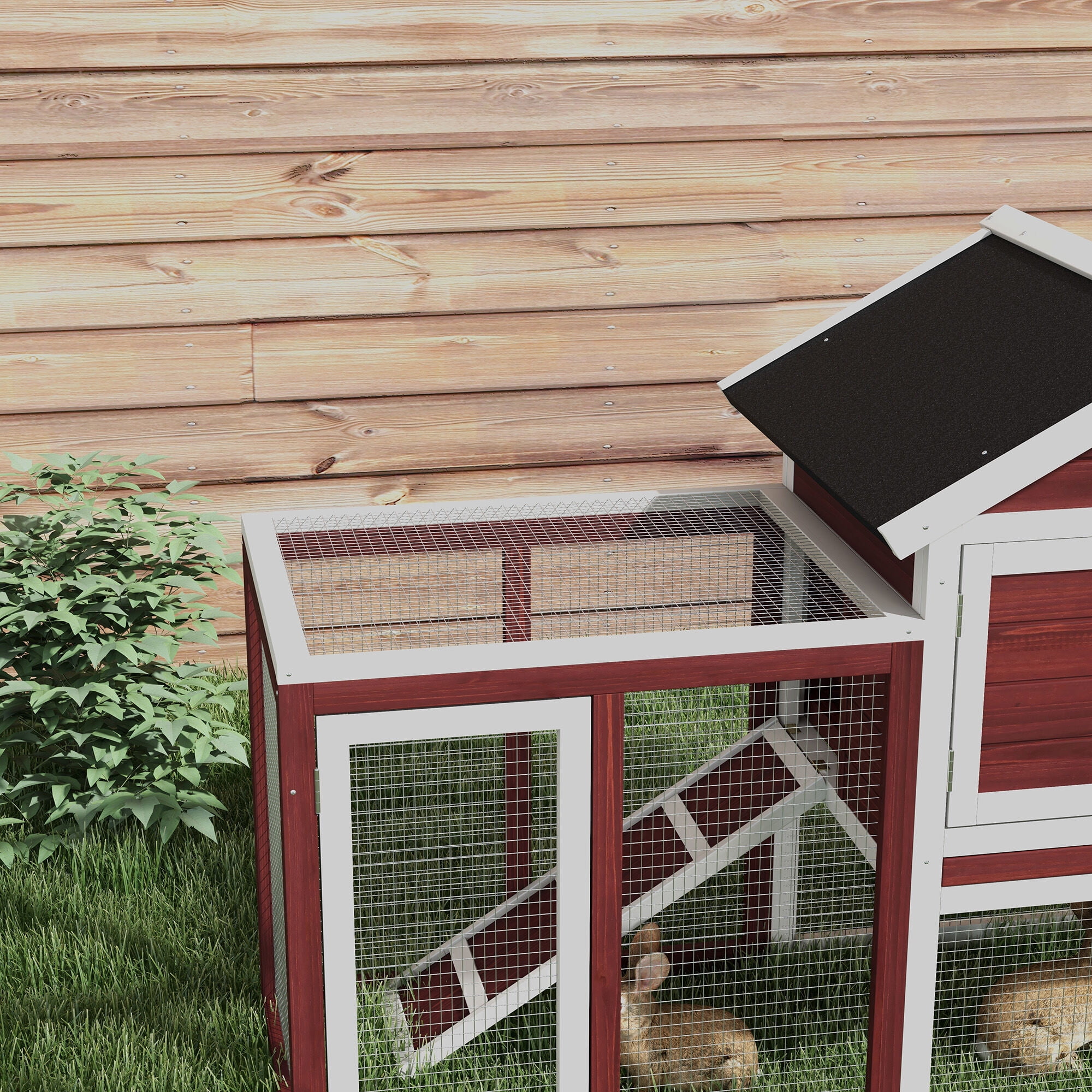 Dog Crate, PawHut 48" Wooden Rabbit Hutch Bunny Cage with Waterproof Asphalt Roof, Fun Outdoor Run, Removable Tray and Ramp, Brown, Brown+White Pet Playpen,Wood Chicken Coop