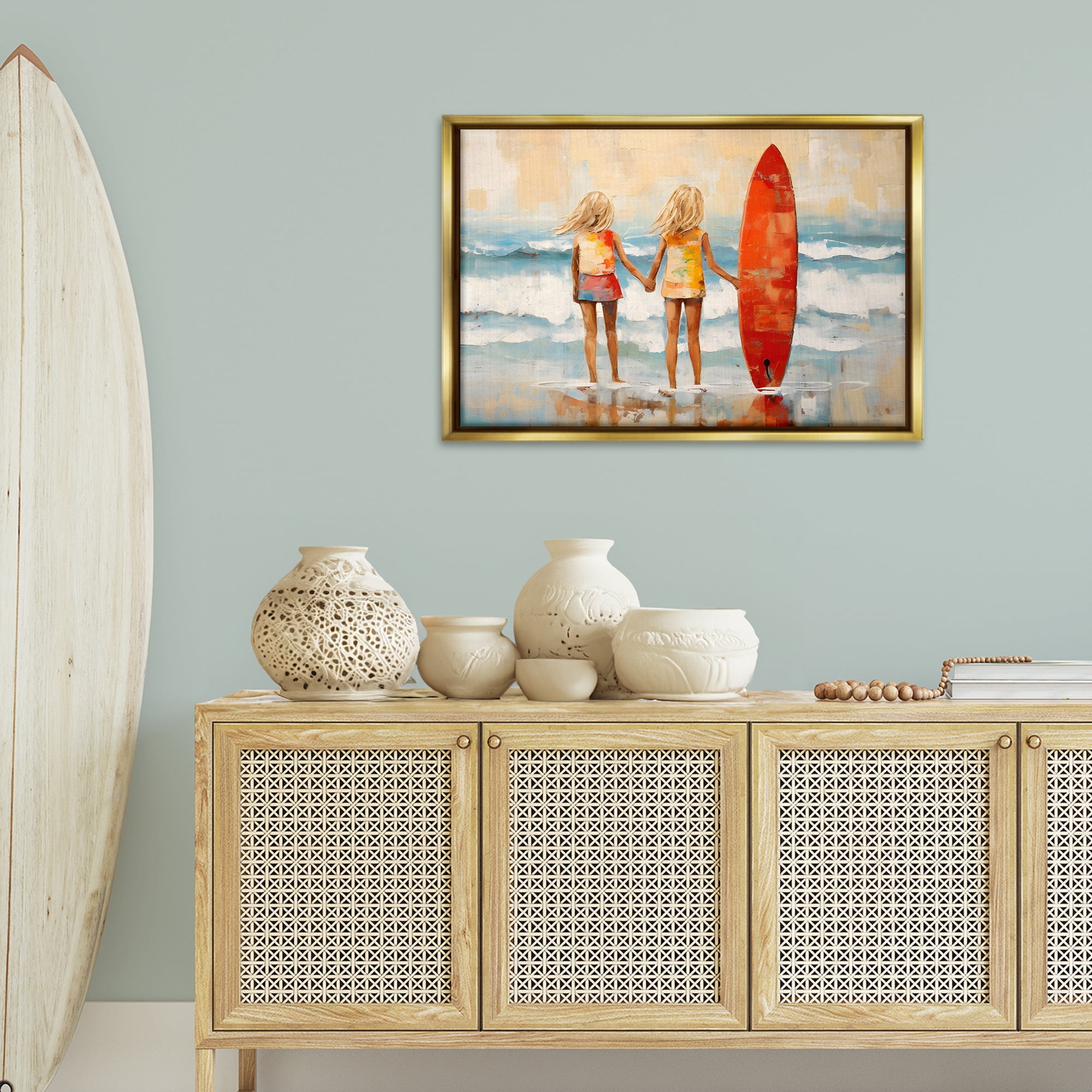 Stupell Industries Kids & Beach Surfboard People Painting Gold Floater Framed Canvas Art Print Wall Art, 31 x 21