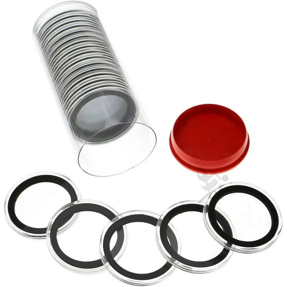 OnFireGuy 20 38mm Ring 1oz Silver Dollar, Maple Leaf, Silver Britannia Coin Holders & Capsule Storage Tube (Red Lid & Black Ring Holders)