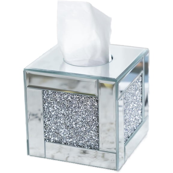 Mirrored Tissue Box Cover Holder, Square Glass Facial Tissue Holder with Crushed Diamond Crystals, Luxury Facial Paper Organizer Dispenser for Bathroom, Vanity Countertop, Tabletop, Silver
