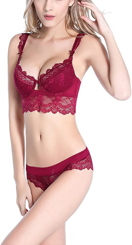 Women's Sexy Push Up Embroidery Lace Bra and Panties Lingerie Set  (Suspender Garter Belt & Stockings optional)