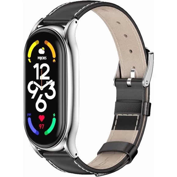KOMI Strap for Xiaomi Mi Band 9 Mi Band 8, Mi Band 7 Genuine Leather Replacement Strap Watch Wrist Band Smart Bracelet Accessories for Xiaomi Mi 6 5 Fit Band Black+Sliver