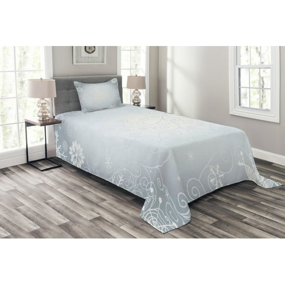 Ambesonne Ombre Quilted Bedspread Set 2 Pcs, Christmas Frame Swirls, Twin Size, Pale Blue Coconut