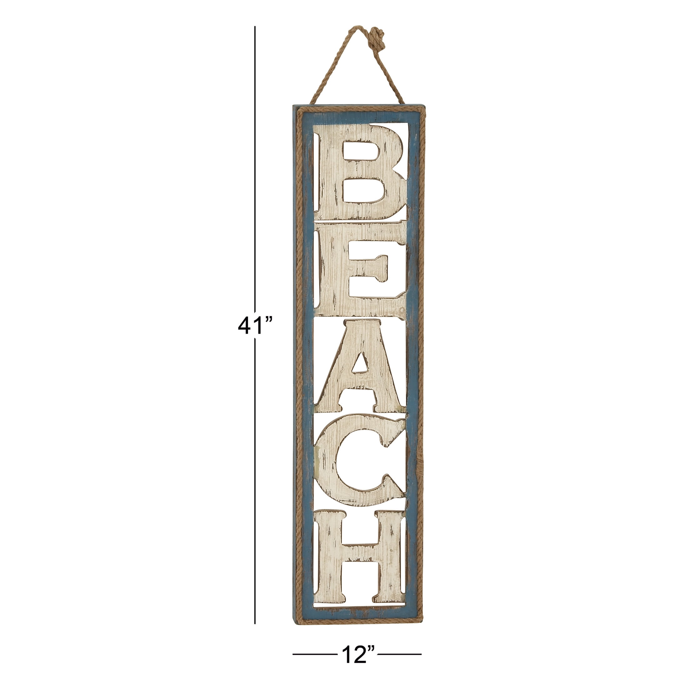 DecMode Beige Wooden Beach Sign Wall Decor with Rope Hanger