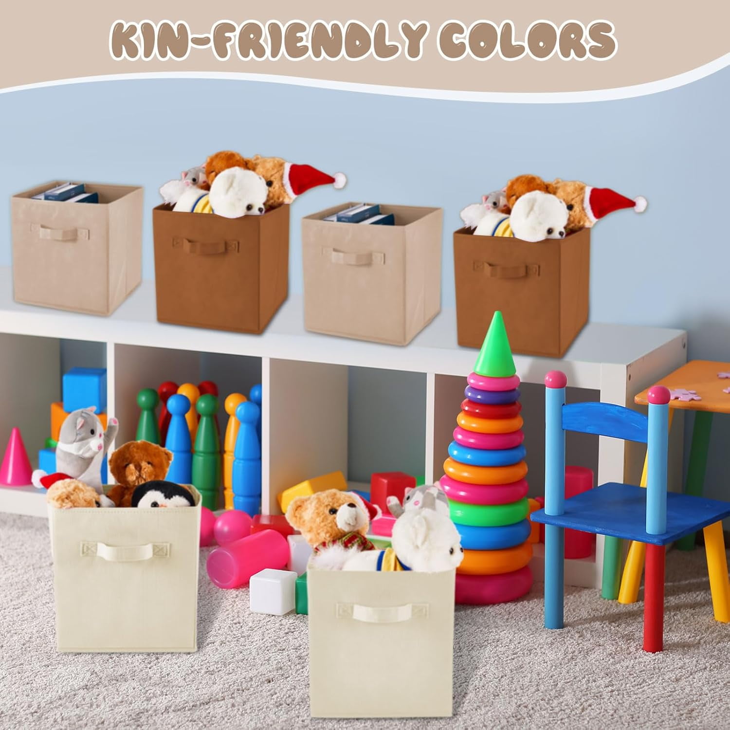 12 Pcs Cube Storage Bin 11'' Collapsible Storage Cubes for Classroom Foldable Cube Storage Organizer Bins Fabric Bins Storage Basket Fabric Cubby Boxes for Shelf(Beige, Khaki, Brown)