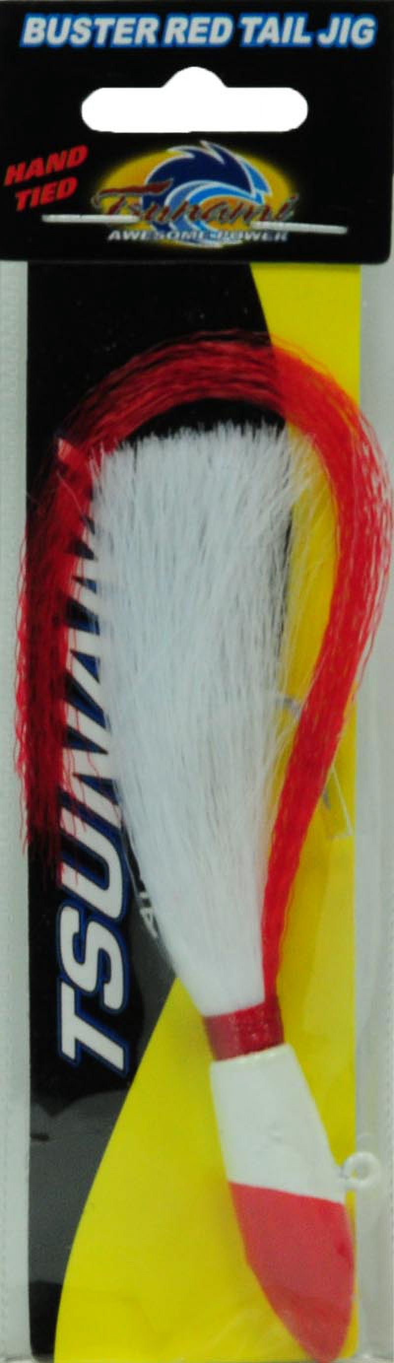 (3 pack) Tsunami Buster Red Tail Jig 2 oz. – Red Head, White Mylar Tail