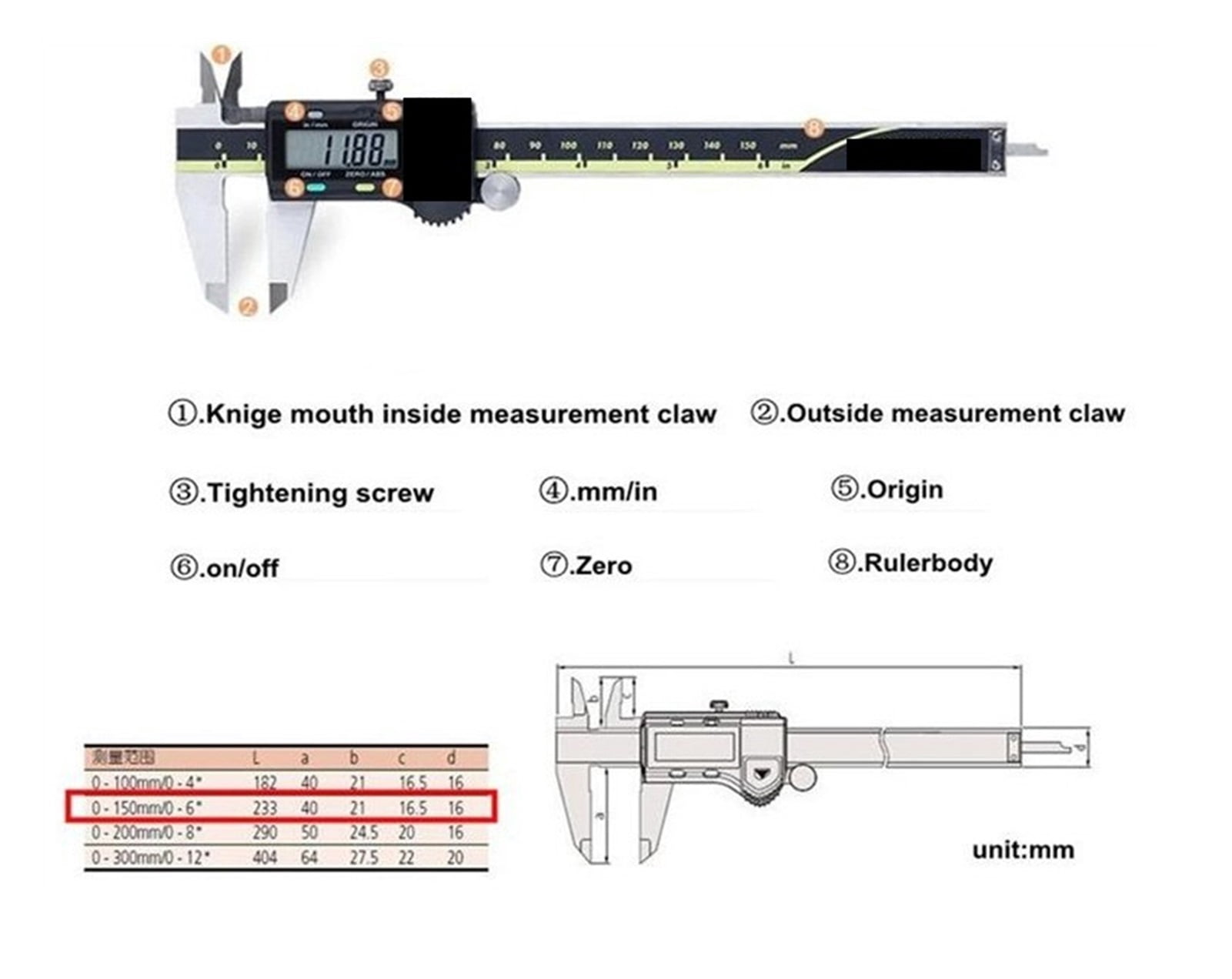 Calipers 500-196-20 Digital Caliper Stainless Steel Inch Metric 6" 0-150mm Range-0.001" Accuracy 0.0005" ,Easy to Operate