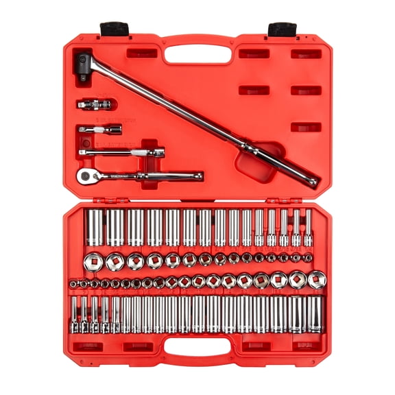 TEKTON 3/8 Inch Drive Shallow and Deep 6-Point Socket and Ratchet Set with Case, 73-Piece (1/4-1 in., 6-24 mm) | SKT15311