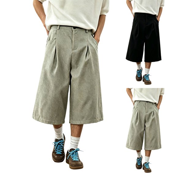 Migroa Men's Baggy Wide Leg Casual Shorts Mens Capri Pants Men’S Linen Pants Pleated Dress Business Elastic Waist Summer Shorts with Pockets Black L