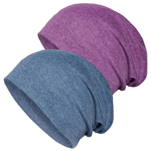 2 Pack Cotton Slouchy Beanie Hats, Chemo Headwear Caps for Women and Men(Blue Purple)