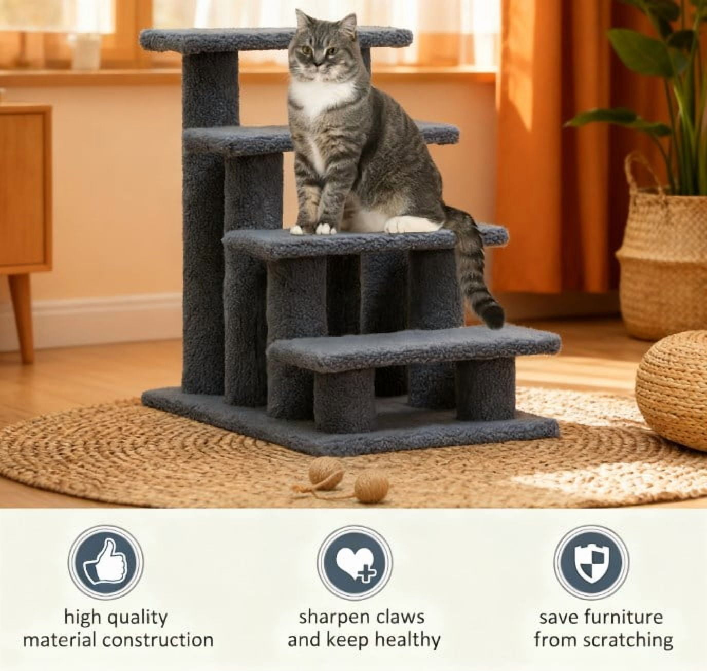 Zephypaws Multi-Step Pet Stairs for High Beds & Sofas,Gray,4-Step,with Cat Scratching Post Gray