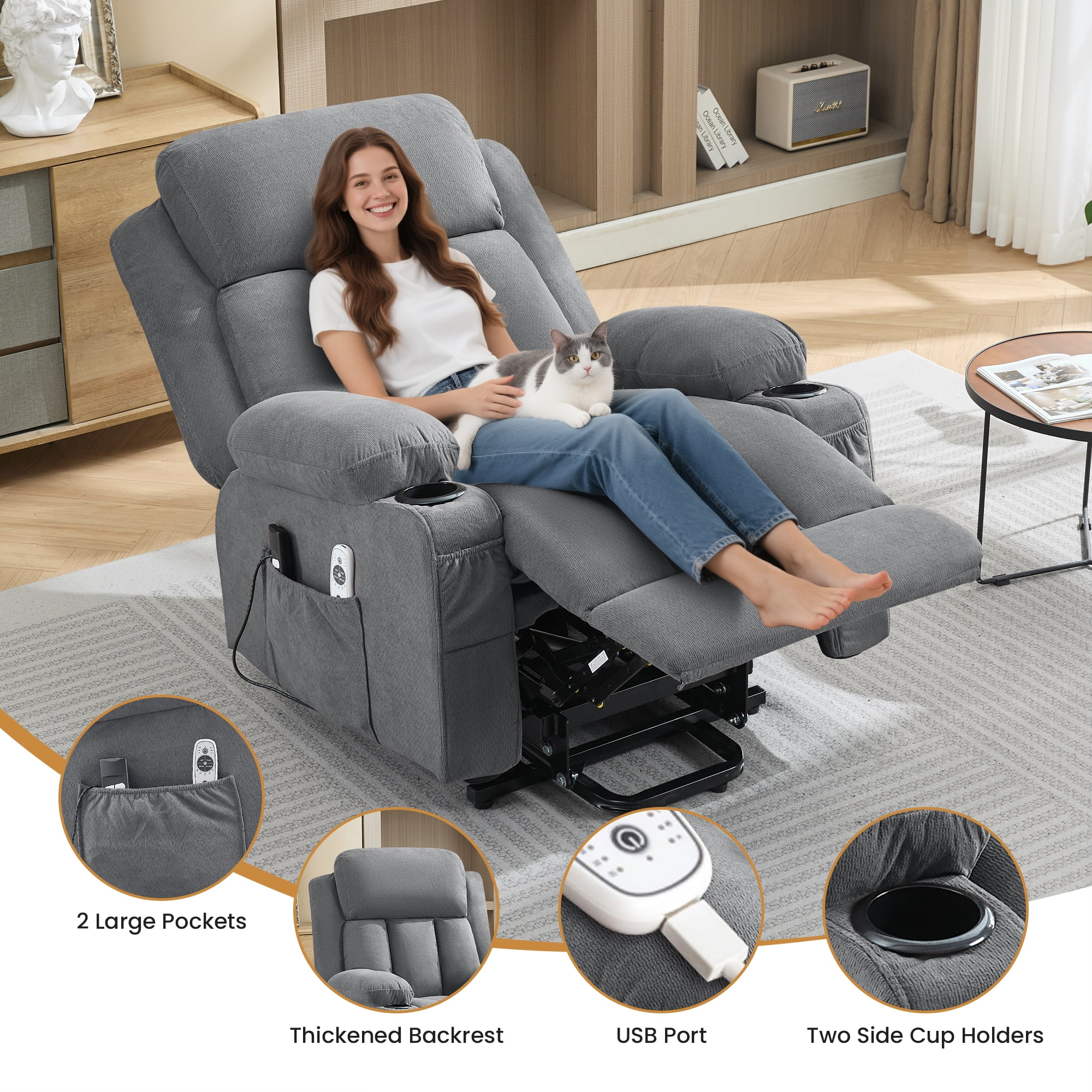 Segmart Power Lift Recliner Chair with Vibration Massage and Heat Ergonomic Lounge Chair for Living Room with Rocking Function and Side Pocket, 2 Cup Holders, USB Charge Port, Gray