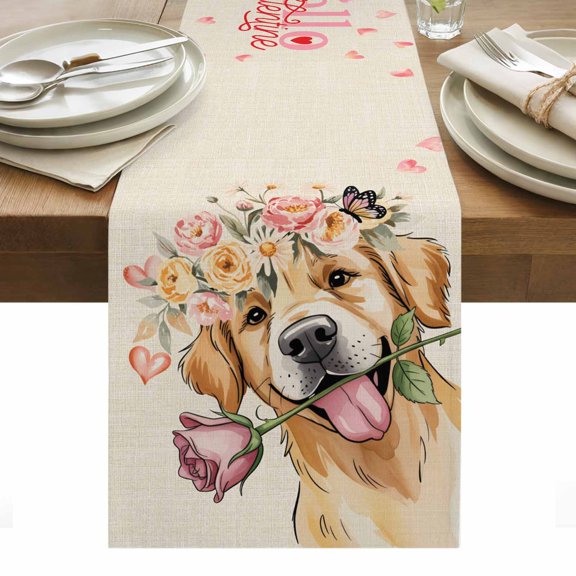 Valentine's Day Table Runner - 36 Inch Long, Kitchen Dining Table Runner Dresser Scarves, Cute Dog Love Roses Floral Country Beige Farmhouse Decor for Coffee Tables Wedding Party Banquet
