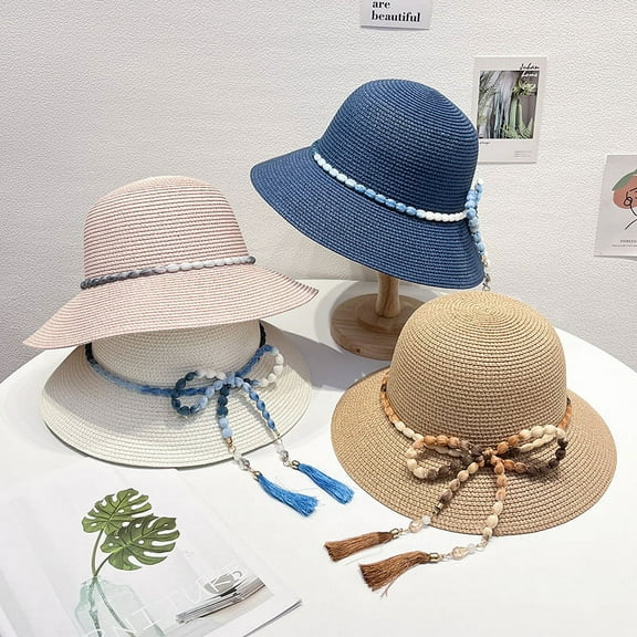Women Straw Sun Hat Wide Brim UPF 50  Crochet Summer Floppy Beach Hat with Bow Tassels