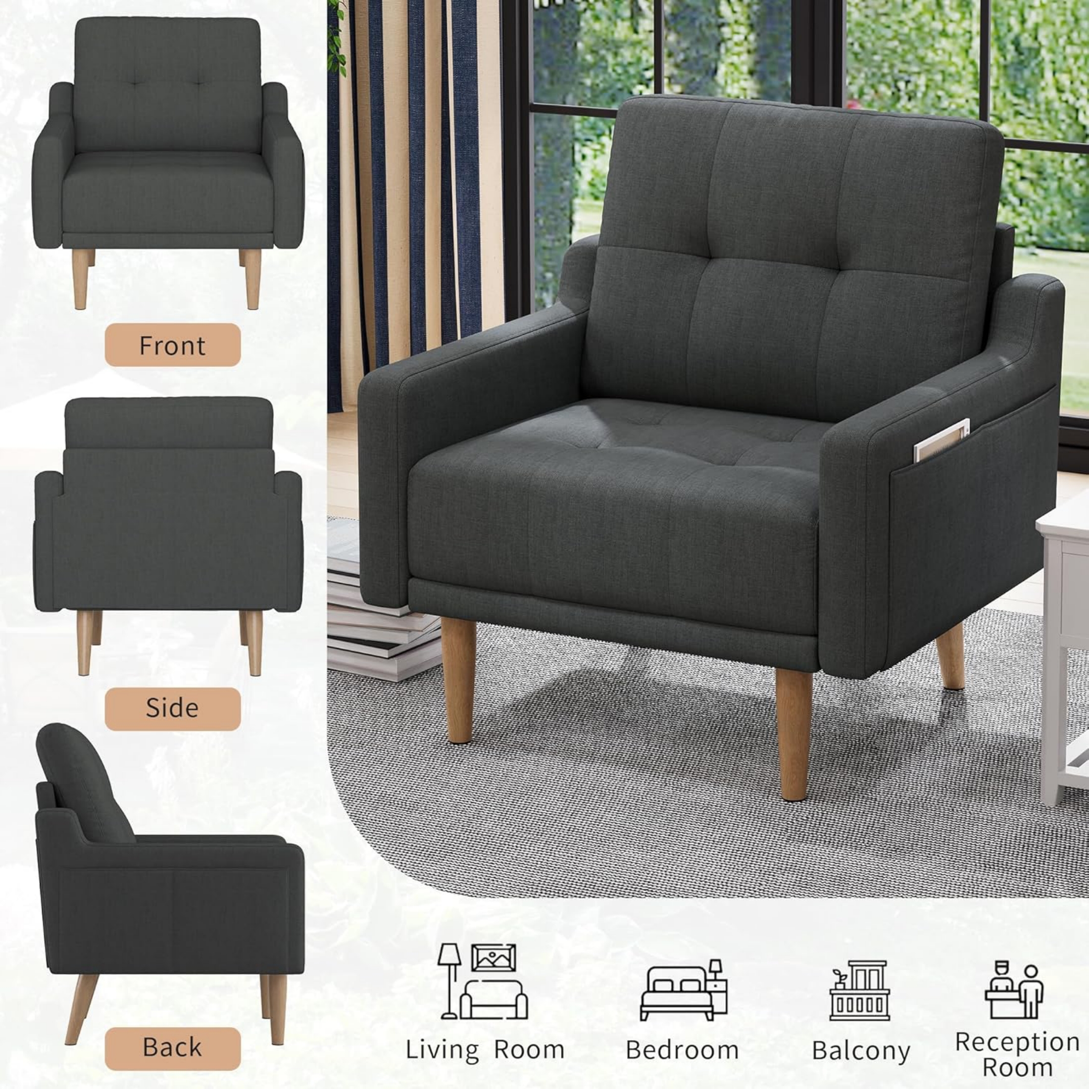 EPOWP Modern Upholstered Arm Chair, Mid Century Accent Club Chair with Side Pocket for Living Room, Bedroom, Office, Reading, Office, Dark Gray