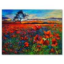 Designart ' Blossoming Red Poppy Fields With Distant Tree ' Traditional Canvas Wall Art Print