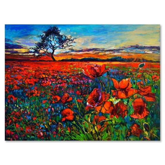 Designart ' Blossoming Red Poppy Fields With Distant Tree ' Traditional Canvas Wall Art Print