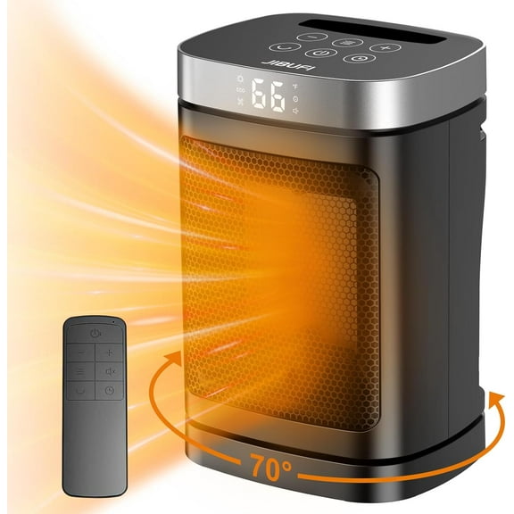 Small Portable Space Heater for Indoor Use - with 70°Rotating Feature, 1500W PTC Electric Heater, Rapid and Safe Heating, Remote Control, 1-12 Hr Timer Bedroom, Office