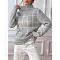 thumbnail image 5 of Women Fall High Neck Plaid Sweater Long Sleeve Loose Casual Chunky Checked Knit Winter Sweaters Jumper Tops Gray M, 5 of 10