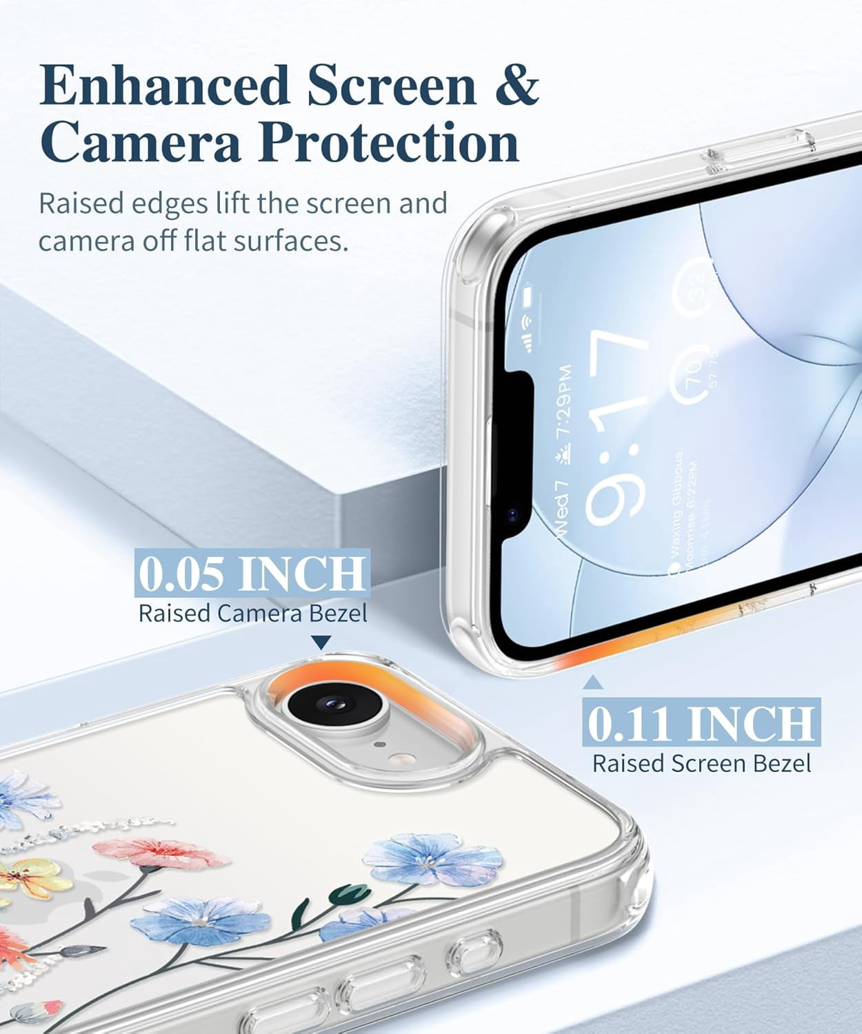 for iPhone 17e Case & iPhone 16e Case, [Non-Yellowing][Military-Grade Protection] Hard PC&TPU Bumper, Floral Shockproof Protective Clear Phone Case (Aconite/Light Blue)