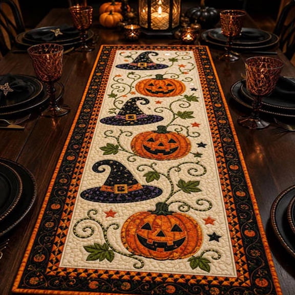 Summercome Fall Quilted Table Runner, Haunted House Pumpkin Table Runner, Spooky Autumn Dining Table Decor, Farmhouse Kitchen Table Topper, Quilted Seasonal Home Decoration