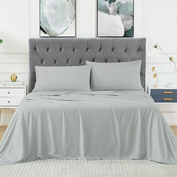 Ultra Soft Cooling Bamboo Bed Sheet Set - 100% Bamboo, Breathable, Wrinkle-Free, Deep Pocket, Luxury Bedding, King Size, Light Grey
