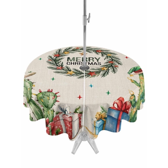 Outdoor Tablecloth with Umbrella Hole and Zipper, Merry Christmas Round Table Cloth 60 Inch Waterproof Tablecloth, Farmhouse Cactus Pine Branches Winter Picnic Table Cover for Patio Camping