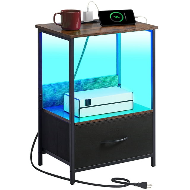 Somdot Tables de Chevet pour Chambre à Coucher, Table de Chevet Noire avec Poste de Recharge et Étagères de Rangement