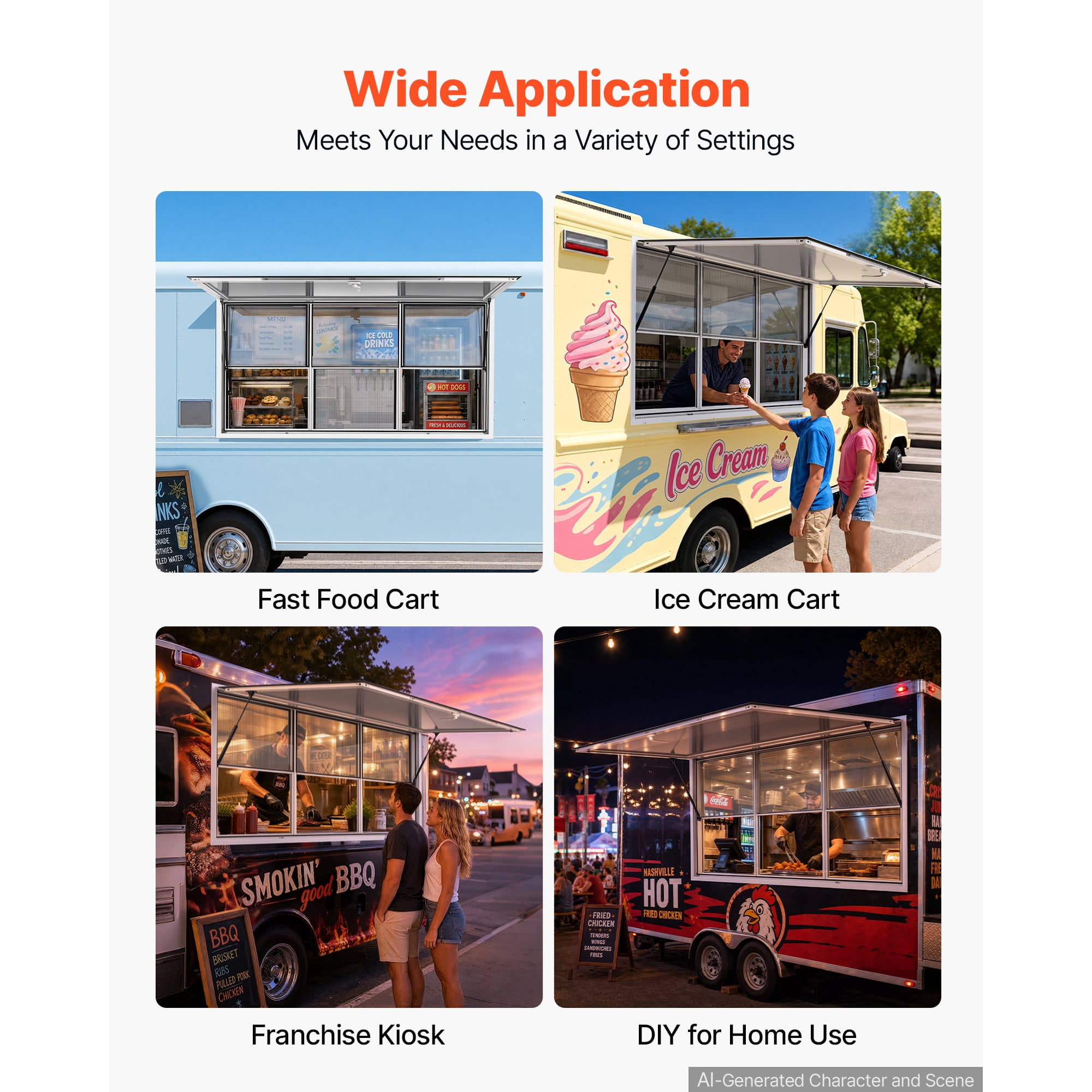 KFFKFF Concession Window 74x40 in Aluminum Alloy Service Window, Designed for Food Trucks, Features 3 Fixed and 3 Sliding Panels, Awning Door with Drag Hook, and Water-Resistant Construction