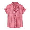 thumbnail image 3 of Graphic Tees for Women French Style Summer Plaid Short Sleeve Tennis Blouse with Ruffled Collar for Women Casual Tee for Everyday Wear Red M, 3 of 5