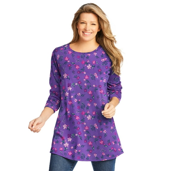 Woman Within Plus Size Perfect Printed Long-Sleeve Crewneck Tunic