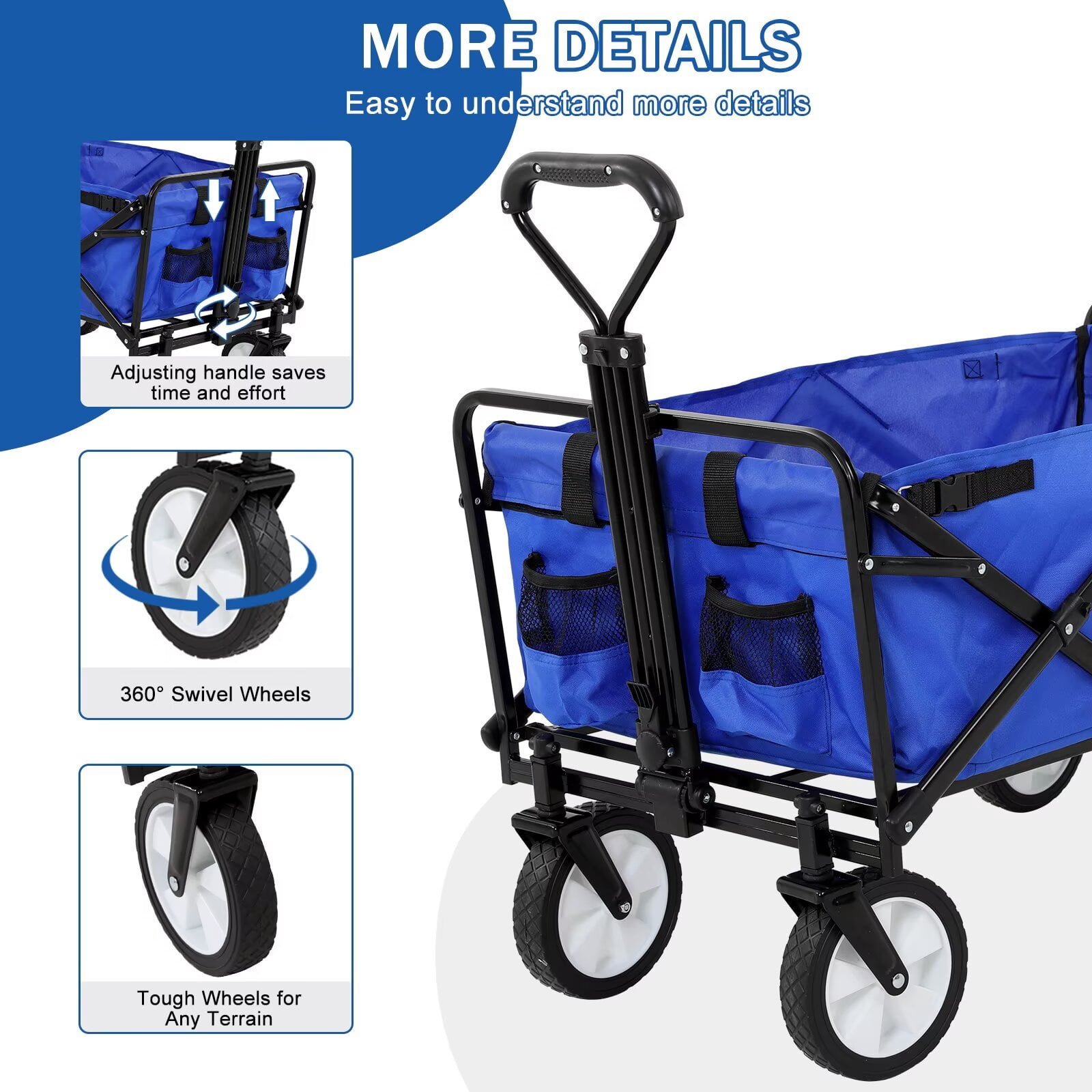 YRLLENSDAN,Beach Wagon with Big Wheels for Sand,Beach Carts for Sand,Grocery Cart on Wheels,Wagon Stroller,Foldable,Suitable for Outdoor Use,Blue