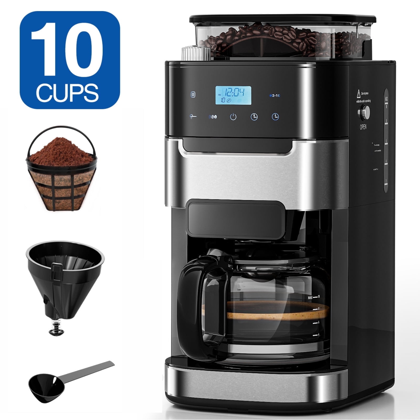 Auseo 10-Cup Coffee Maker with Grinder, Grind and Brew, 12-Hour Timer, 3  Strengths, Black - Walmart.com
