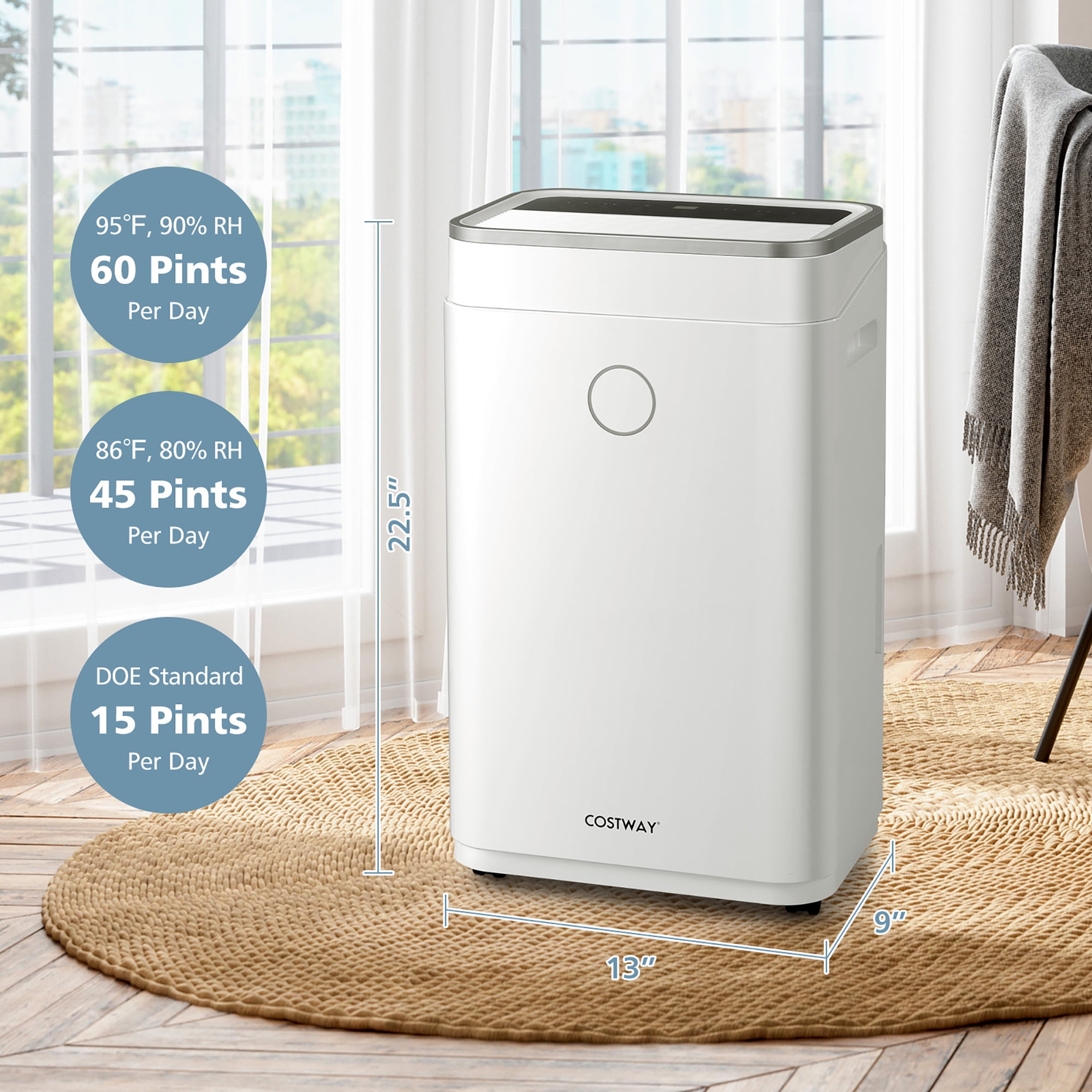Costway 15-Pint(DOE) Dehumidifier with 3-Color Digital Display 4,000 Sq. ft Coverage Area for Home & Basements (MAX 60Pint at 95°F, 90%RH)