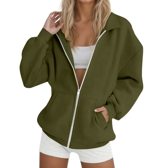 Hueook Windbreaker Jacket Women Sweatshirt Zip Up Fall Fashion Turn Down Collar Long Sleeve Jackets Winter Clothing Outfits Army Green XL
