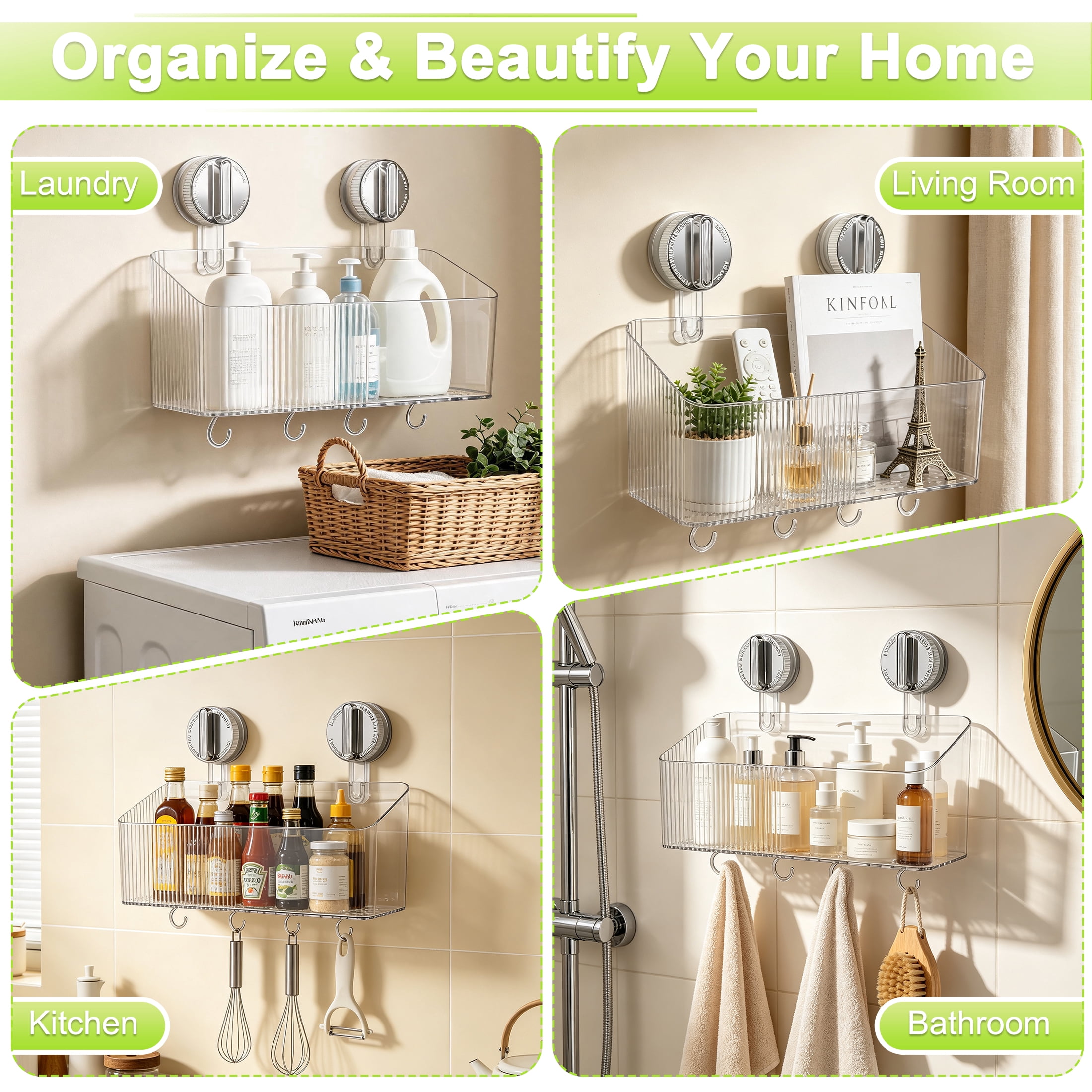 Suction Cup Shower Caddy, Clear Transparent Shower Shelf with Drainage Hole & Removable Hooks, No Drill Wall‑Mounted Bathroom Organizer for Bathroom, Kitchen, Toilet