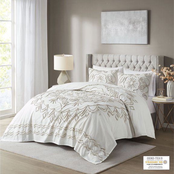 Home Essence Valeria 3 Piece Tufted Cotton Chenille Coverlet Set, Full/Queen, Ivory/Taupe