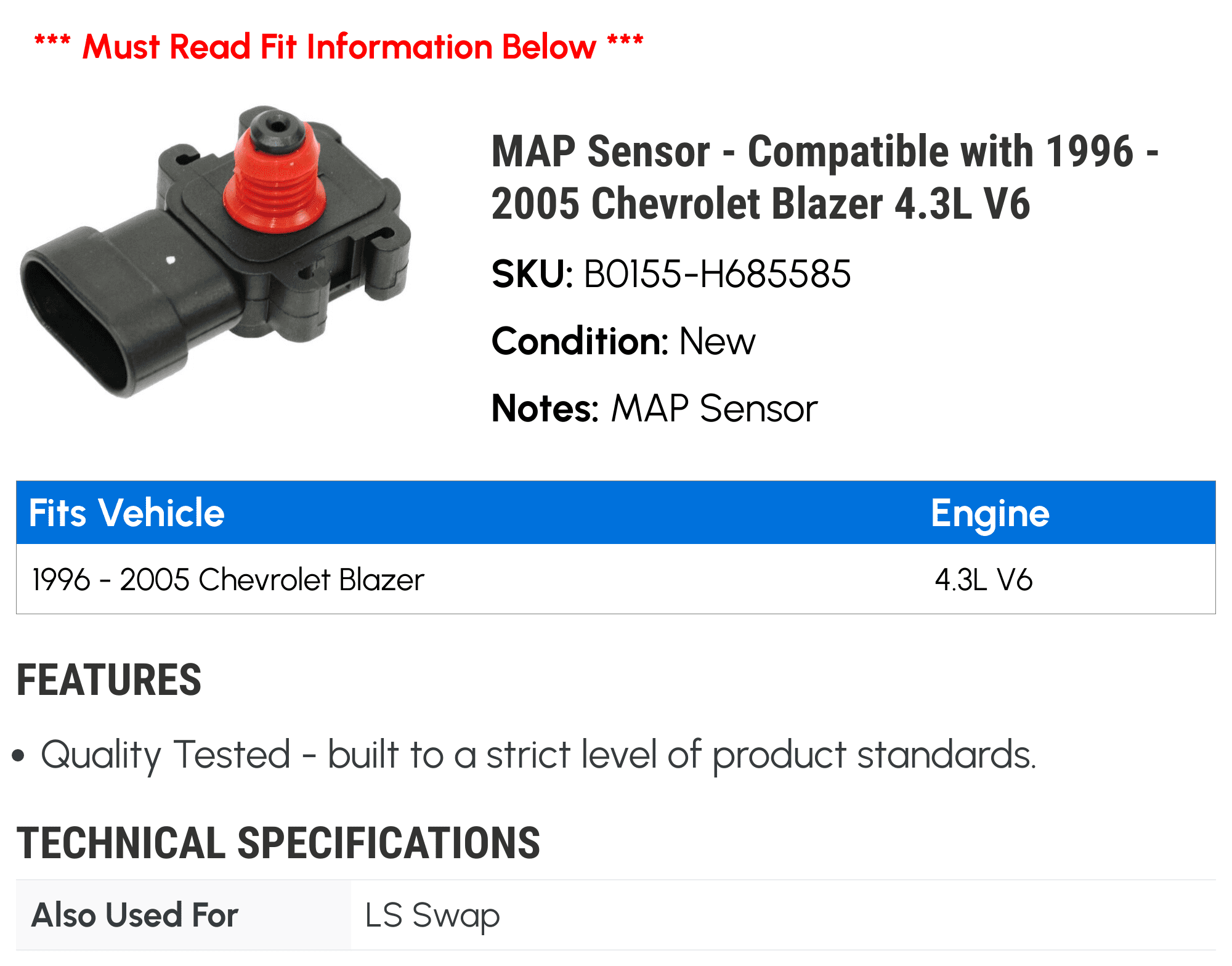 MAP Sensor - Compatible with 1996 - 2005 Chevy Blazer 4.3L V6 1997 1998 1999 2000 2001 2002 2003 2004