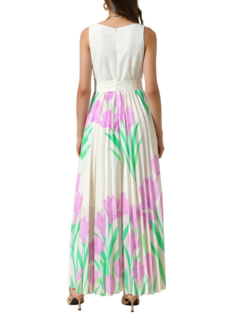 INSPIRE CHIC Pleated Maxi Dresses for Women's Square Neck High Waist Casual  Long Floral Flare Dress M Beige