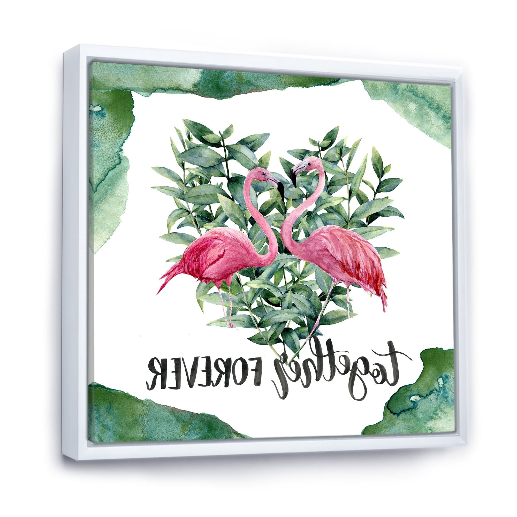 Designart 'Eucalyptus Leaves With Flamingo Floral Heart' Traditional Framed Canvas Wall Art Print