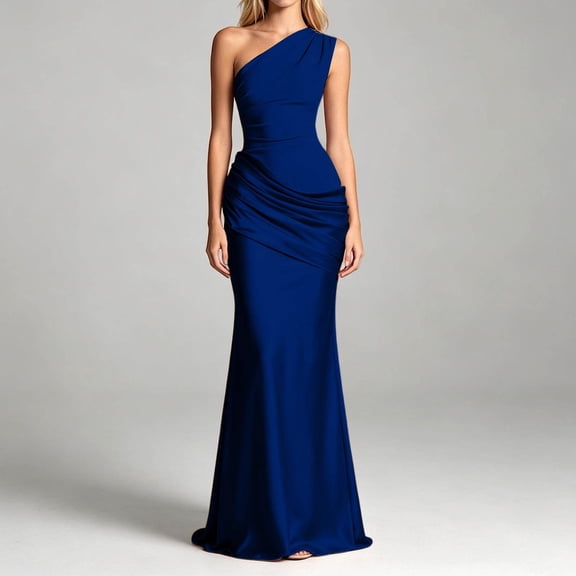 EliteGoogv Womens One Shoulder Dresses Asymmetrical Ruched Satin Maxi Dresses For Women Slim Fitted Formal Dresses Cocktail Party Evening Gowns Blue