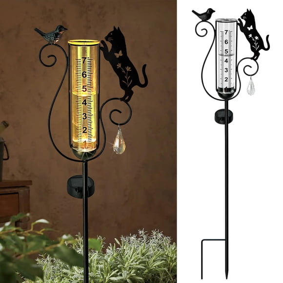 Pluviómetro VividLadybug con gato y luz solar para jardín, estaca de 94 cm