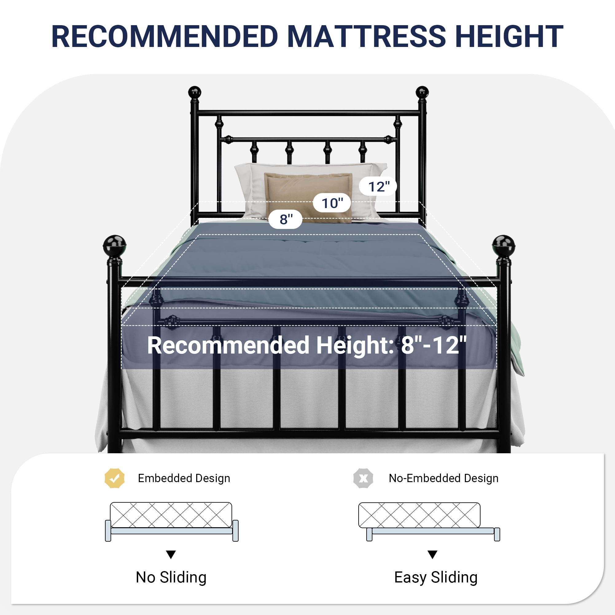 Sifurni Twin Size Metal Platform Bed Frame with Victorian Vintage Headboard, Black
