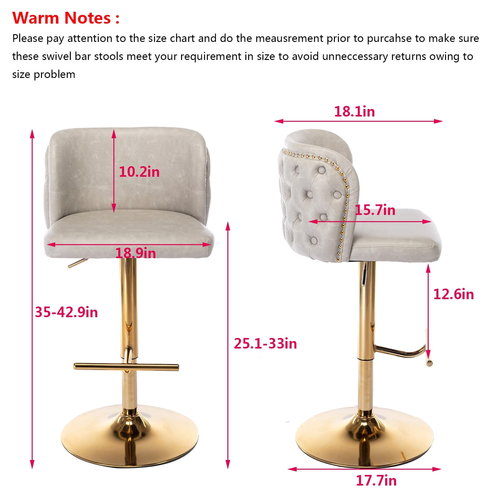 DONICK Swivel Counter Height Barstools,Upholstered Bar Stools Adjustable Height Nailhead Button Tufted Kitchen Island (PU,Beige,Set of 2)