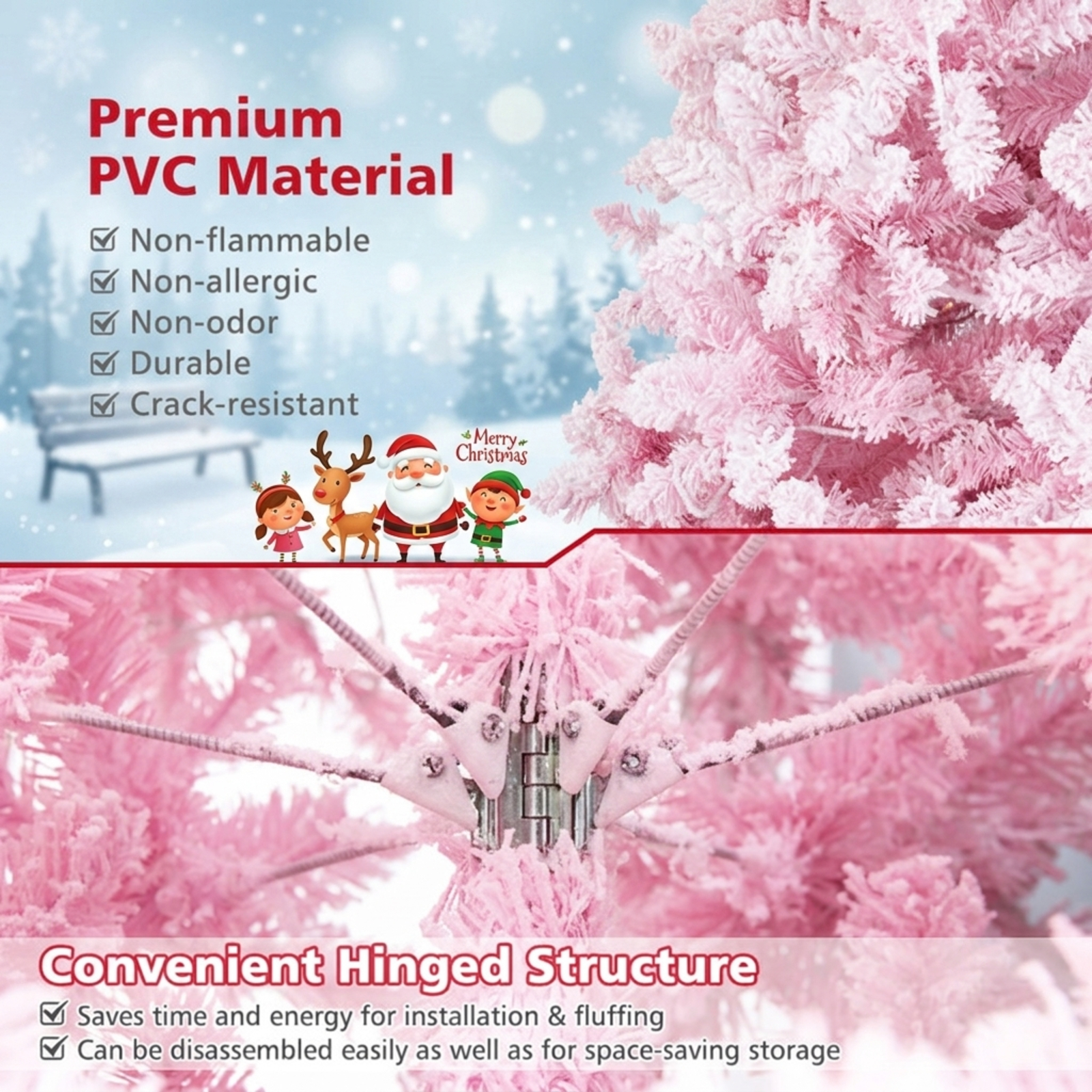 RUIE 7.5 ft Pink Flocked Christmas Tree, Pre-Lit Artificial Xmas Tree with 450 LED Lights and 1100 Branch Tips for Holiday Decor