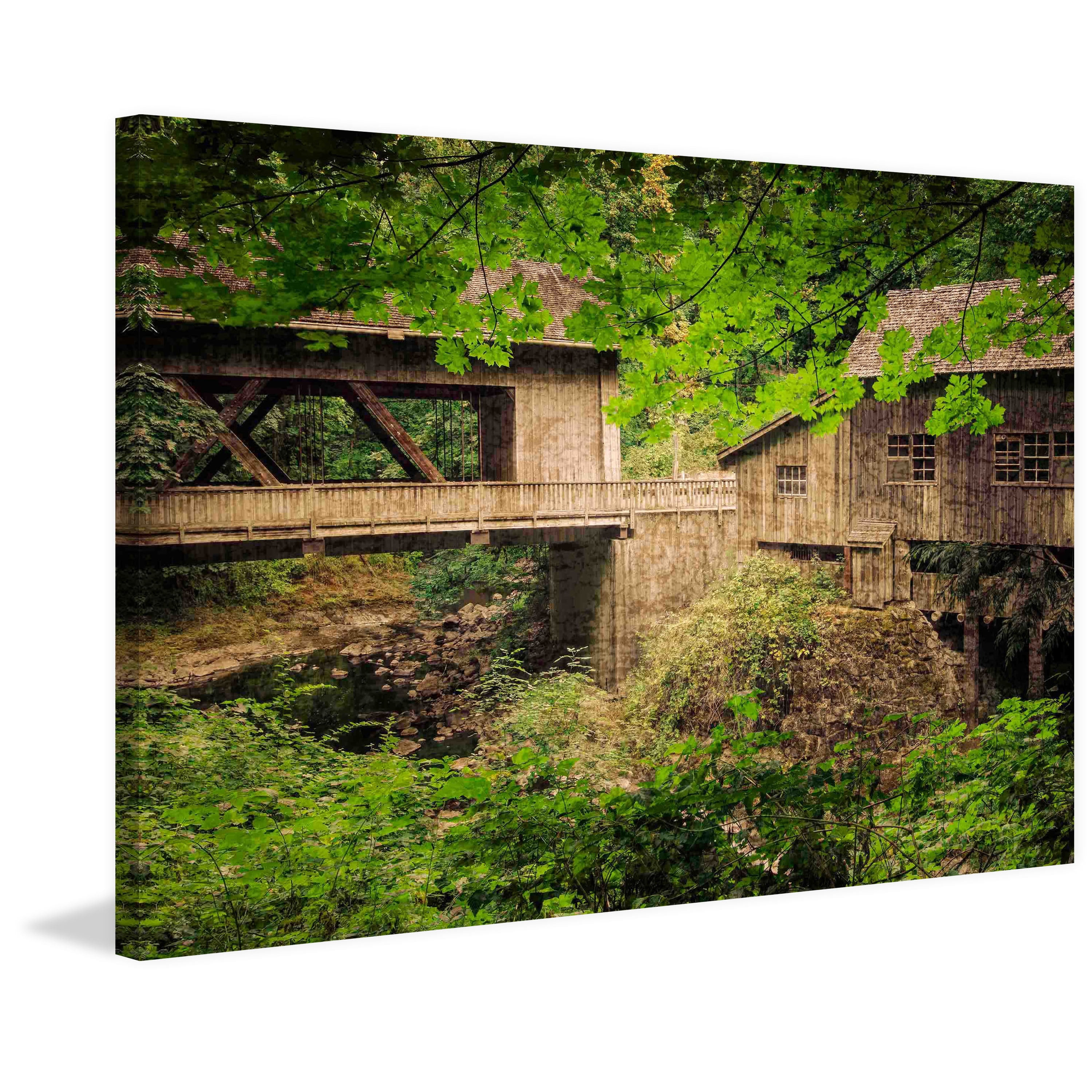 "Cedar Mill and Covered Bridge" Painting Print on Canvas