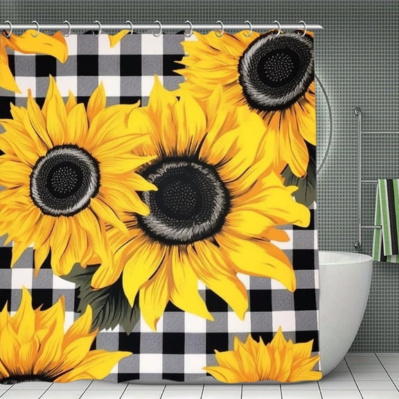 Sunflower Checkered Print Shower Curtain,Modern Fabric Waterproof Shower Curtain Set with Hooks,70.8×70.8Inch