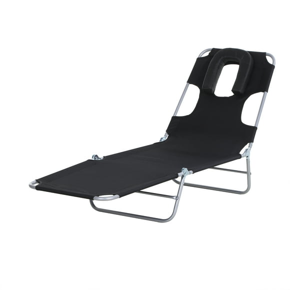 Outsunny Outdoor Lounge Chair, Adjustable Folding Chaise Lounge with Face Cavity, Tanning Chair Sun Lounger Bed Recliner, Black