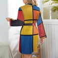 thumbnail image 6 of Mondrian Inspired（3） Night Robe Long Sleeve V Neck Robe With Belt Women's Sleepwear Dresses, 6 of 9