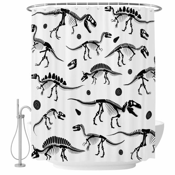 Dinosaur Fossils Shower Curtain Set - Extra Long 72" x 96" Washable Bathtub Curtain with 12 Hooks, White Black Ancient Animals Waterproof Fabric Stall Shower Curtains for Bathroom/Bathtub Décor